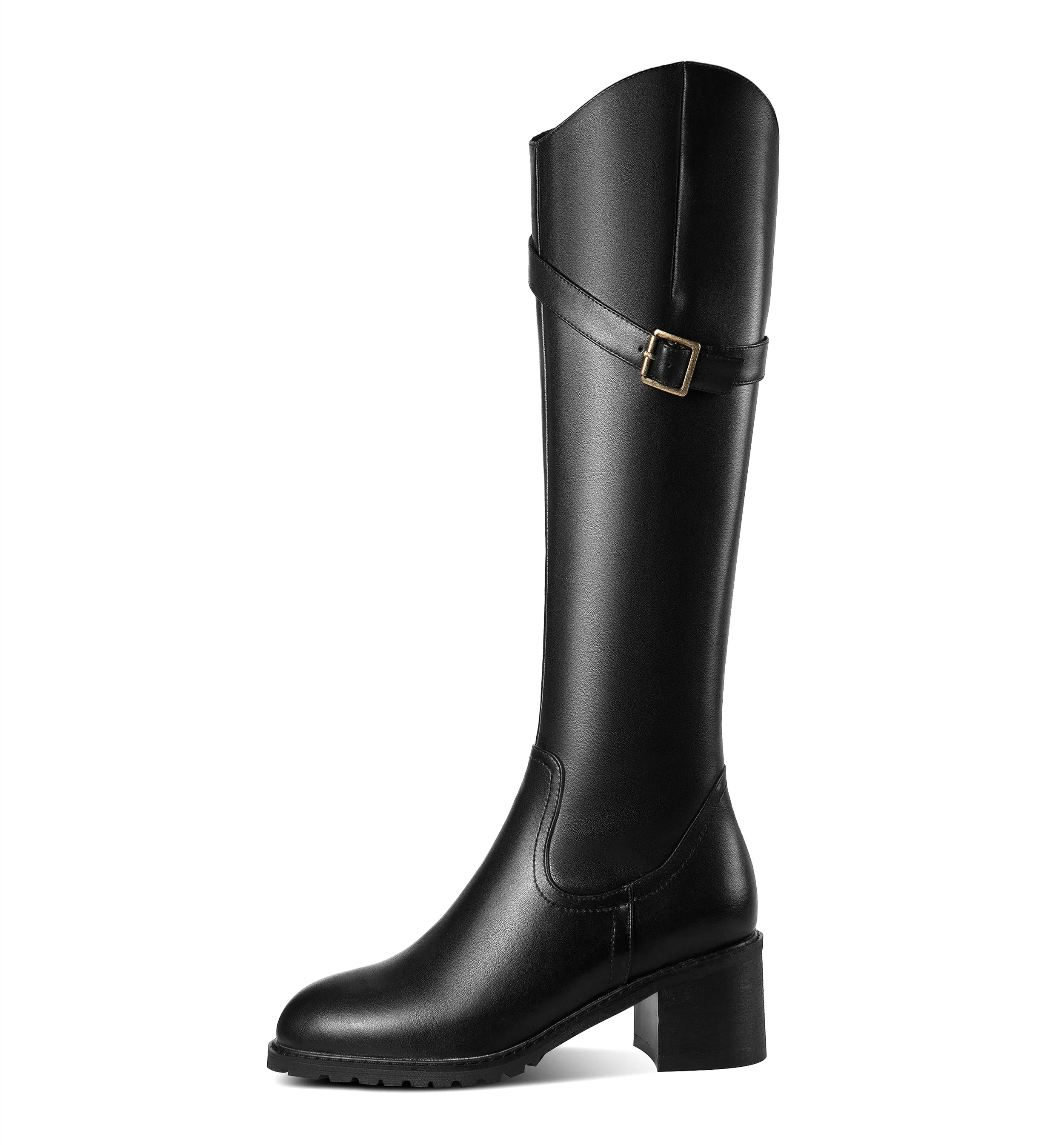 TinaCus Handmade Women's Round Toe Genuine Leather Side Zip Up Low Chunky Heel Buckle Black Knee High Boots