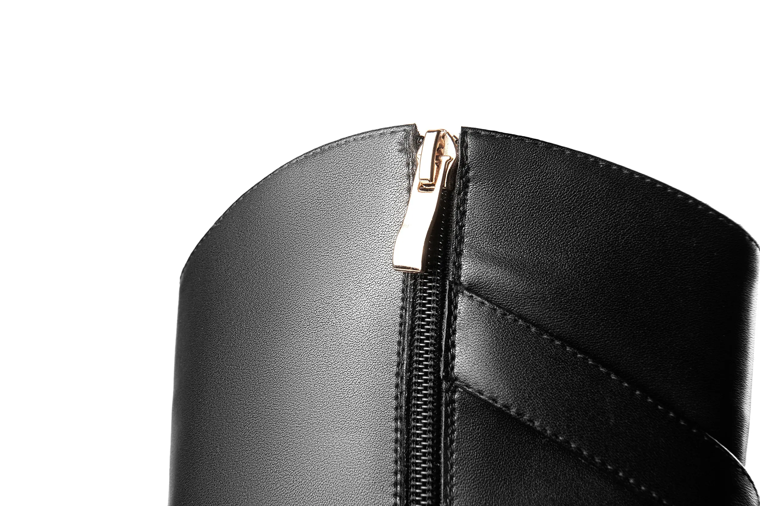 TinaCus Handmade Women's Round Toe Genuine Leather Side Zip Up Low Chunky Heel Buckle Black Knee High Boots
