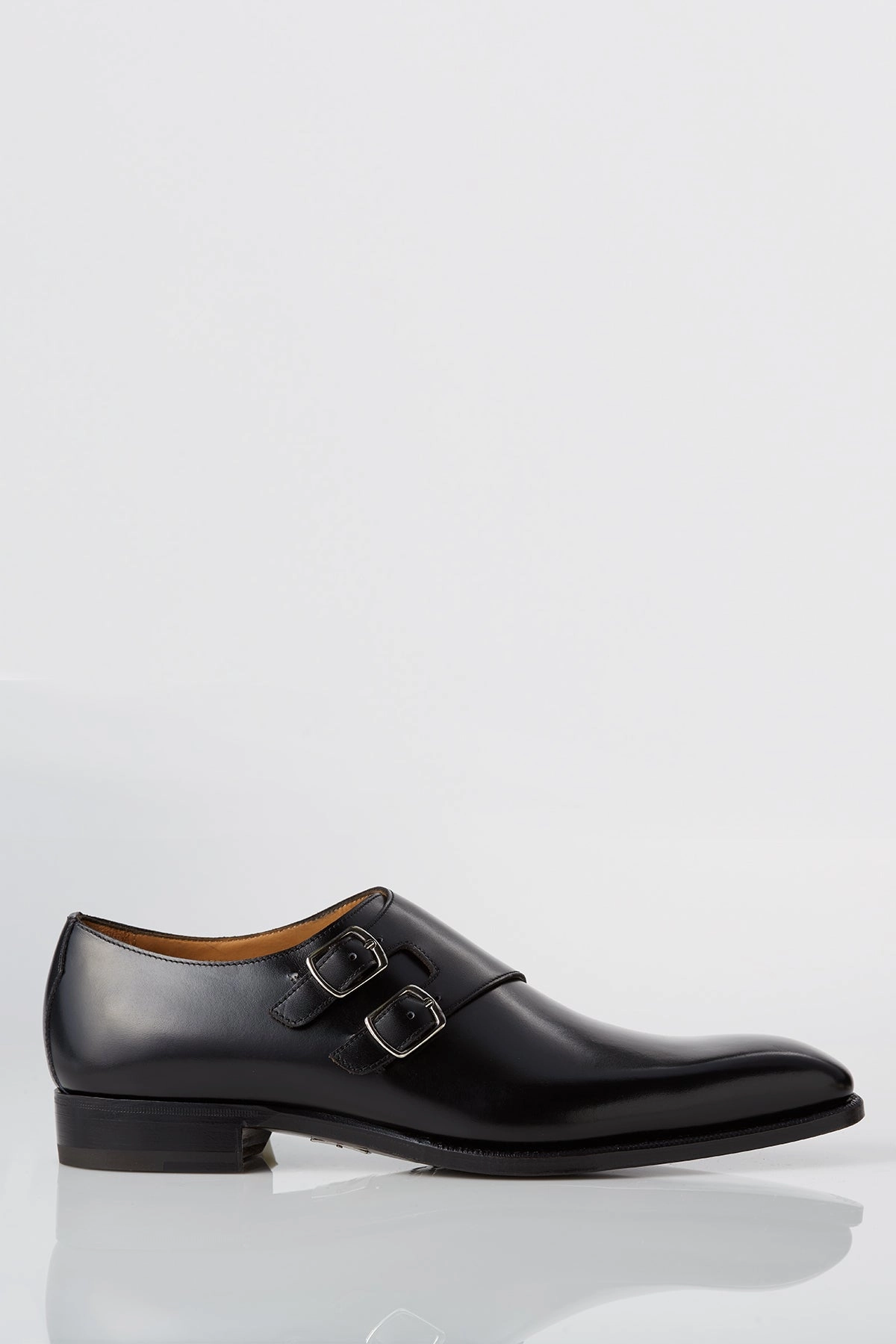 David August Leather Double Monk-strap Shoes in Black Street Walks Round Edge