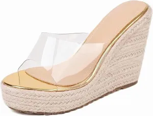 VARECOLA Wedge Sandal for Women Clear Slip On Sandal Slippers Platform Slide Sandal Peep Toe Wedge Heel Sandal Espadrilles Wedge Sandals