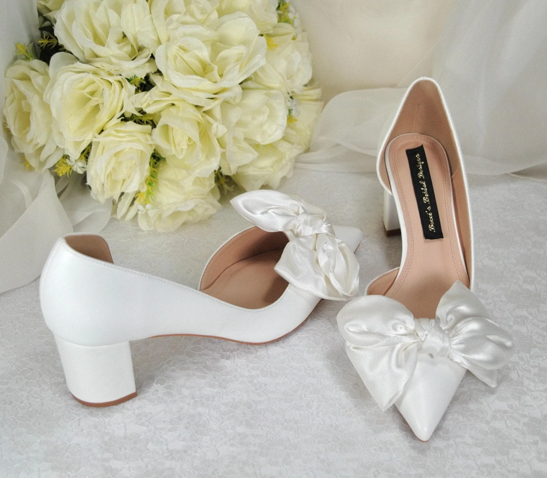 White Bow Wedding Shoes with Block Heel D'Orsey Chunky Heel, Bridal Shoe with Bows Size UK5/US7.5
