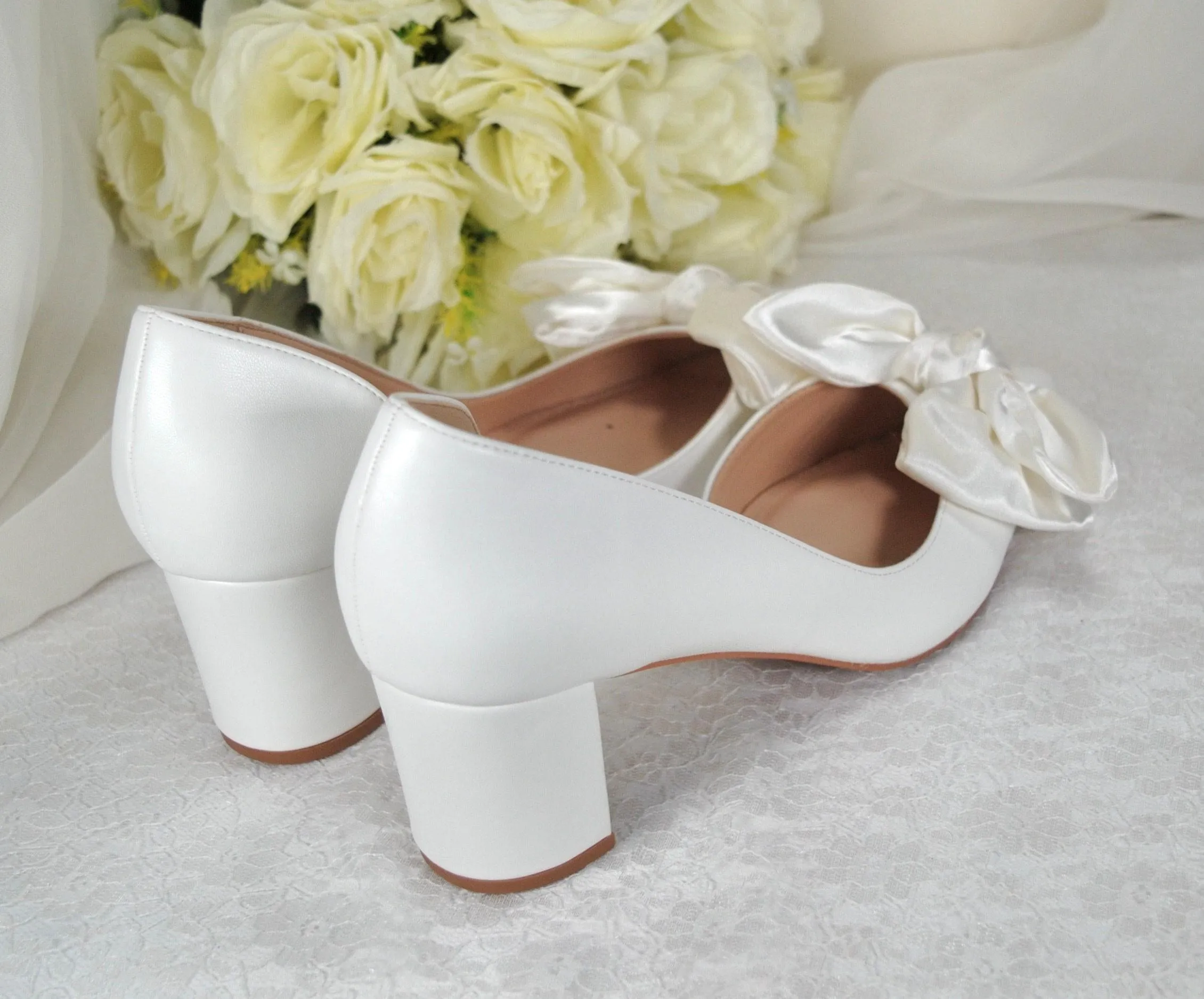 White Bow Wedding Shoes with Block Heel D'Orsey Chunky Heel, Bridal Shoe with Bows Size UK5/US7.5
