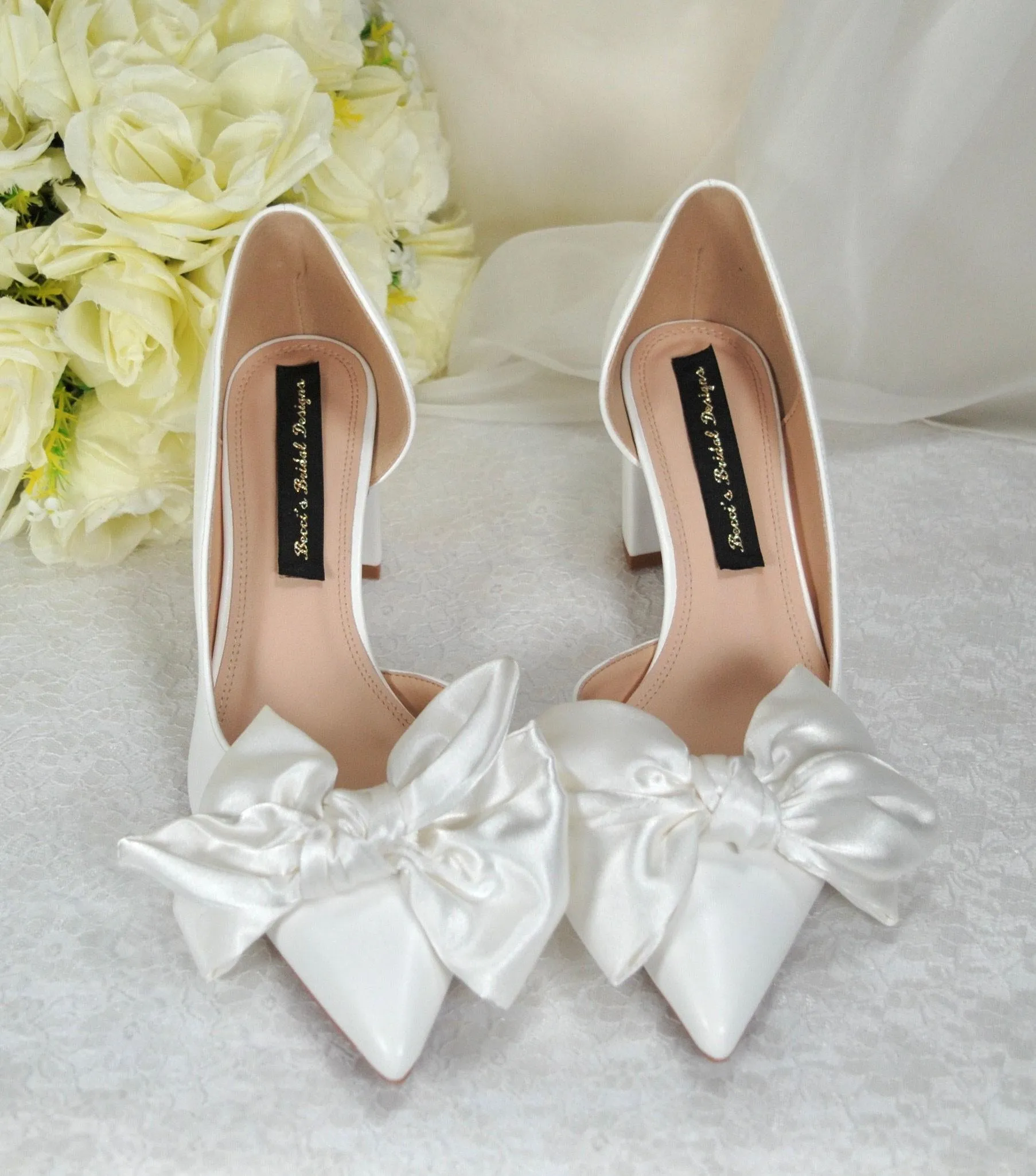 White Bow Wedding Shoes with Block Heel D'Orsey Chunky Heel, Bridal Shoe with Bows Size UK5/US7.5