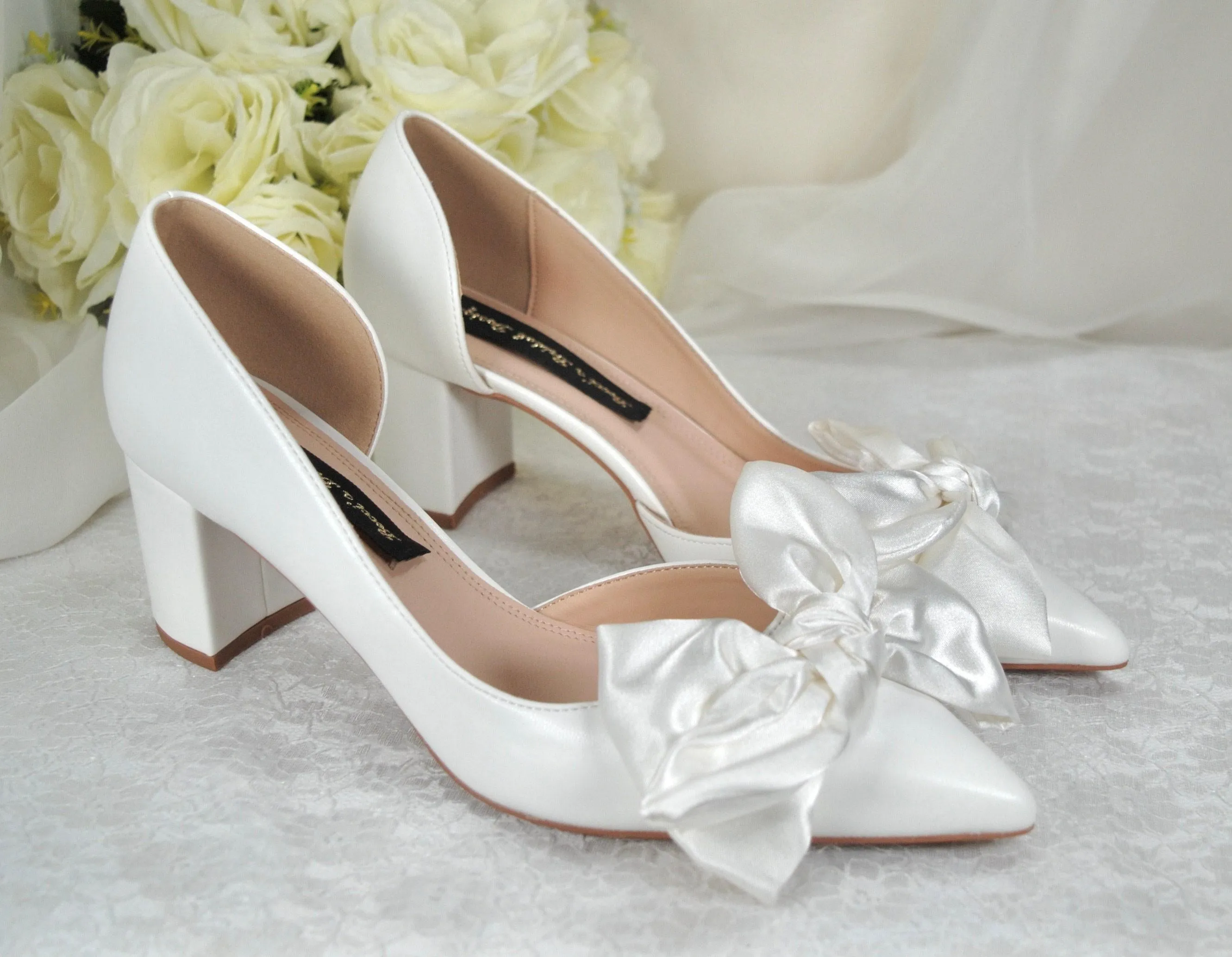White Bow Wedding Shoes with Block Heel D'Orsey Chunky Heel, Bridal Shoe with Bows Size UK5/US7.5