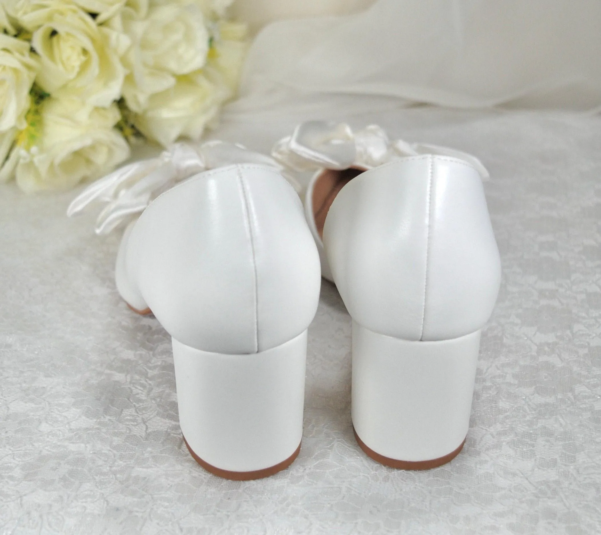 White Bow Wedding Shoes with Block Heel D'Orsey Chunky Heel, Bridal Shoe with Bows Size UK5/US7.5