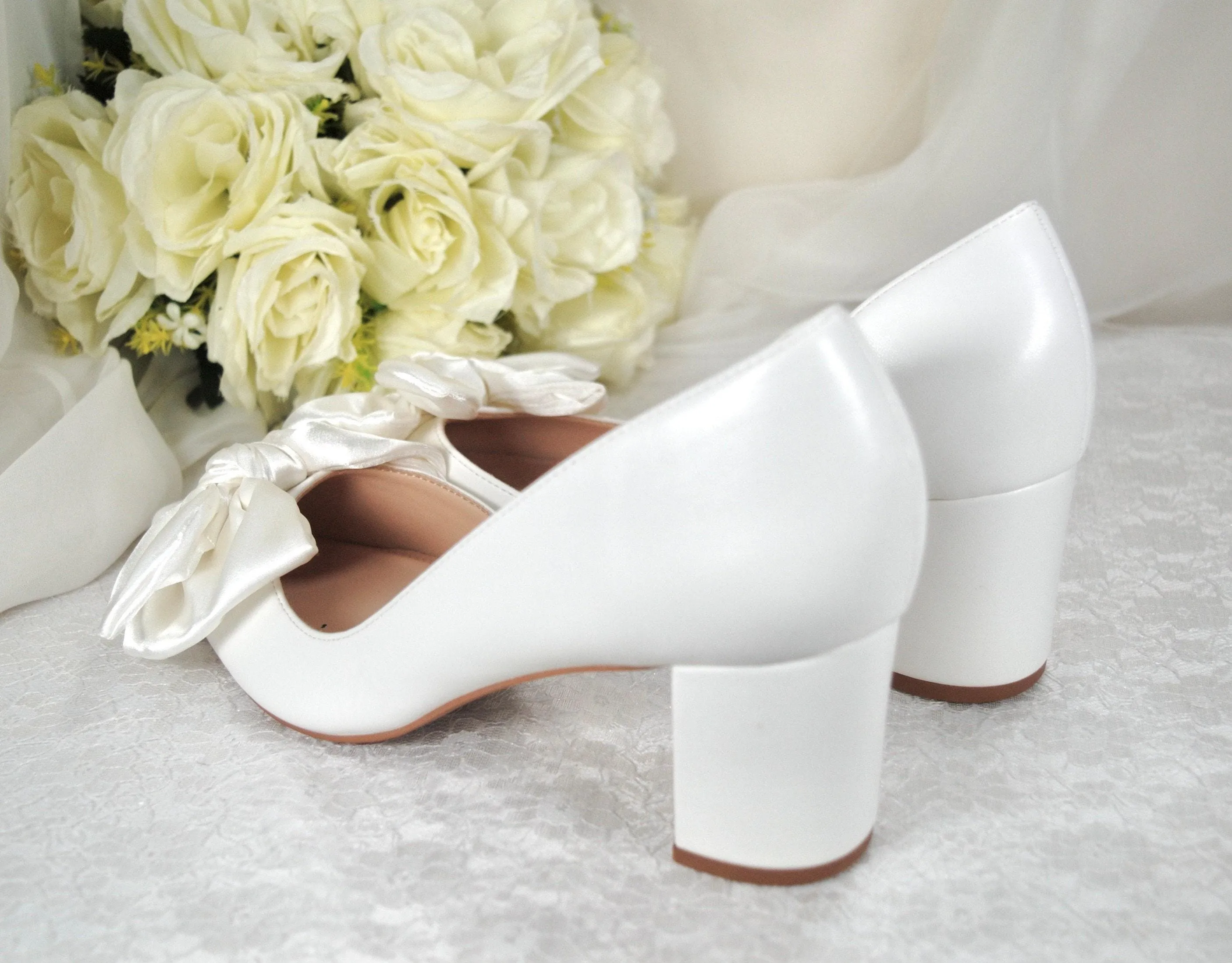 White Bow Wedding Shoes with Block Heel D'Orsey Chunky Heel, Bridal Shoe with Bows Size UK5/US7.5
