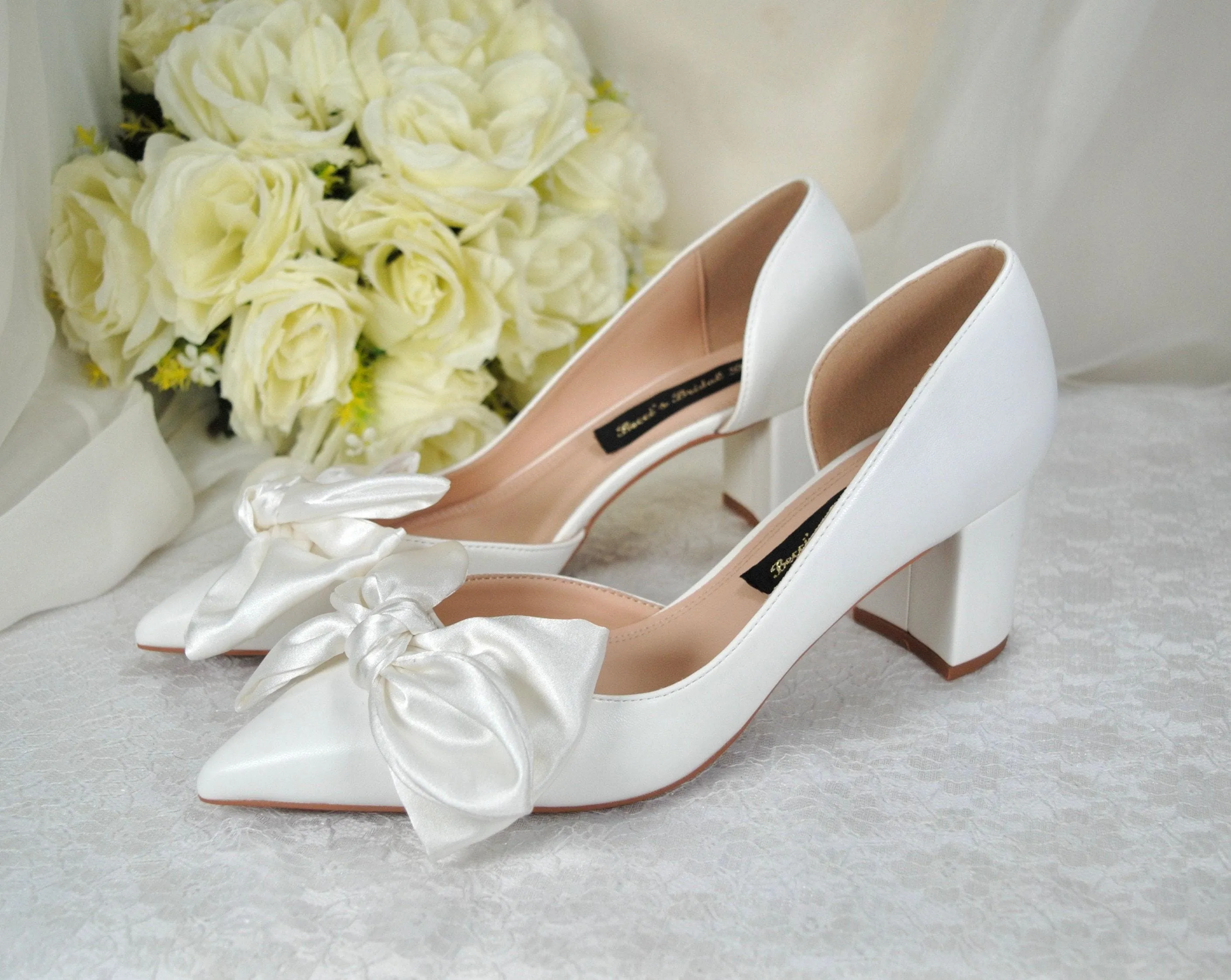 White Bow Wedding Shoes with Block Heel D'Orsey Chunky Heel, Bridal Shoe with Bows Size UK5/US7.5