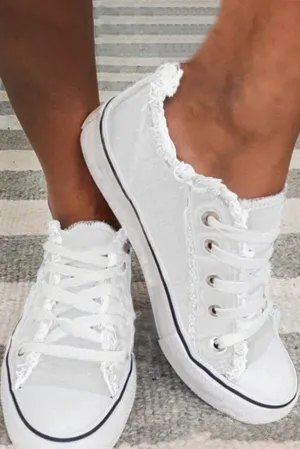White Canvas Shoes Sneakers for Women Low Top Lace-up Tennis Shoes