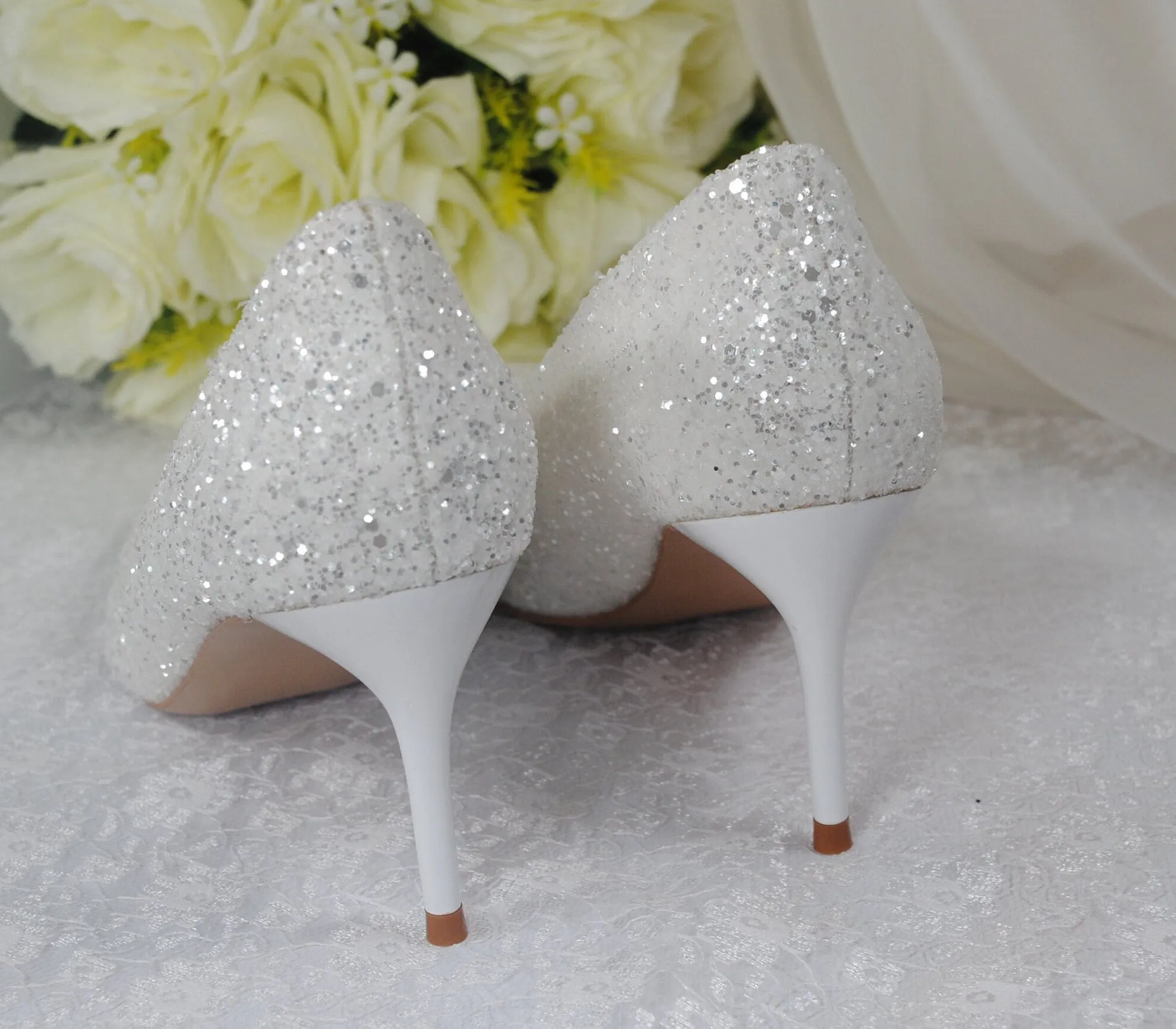 White Glitter Low Heel Bridal Shoes Size UK4/US6.5