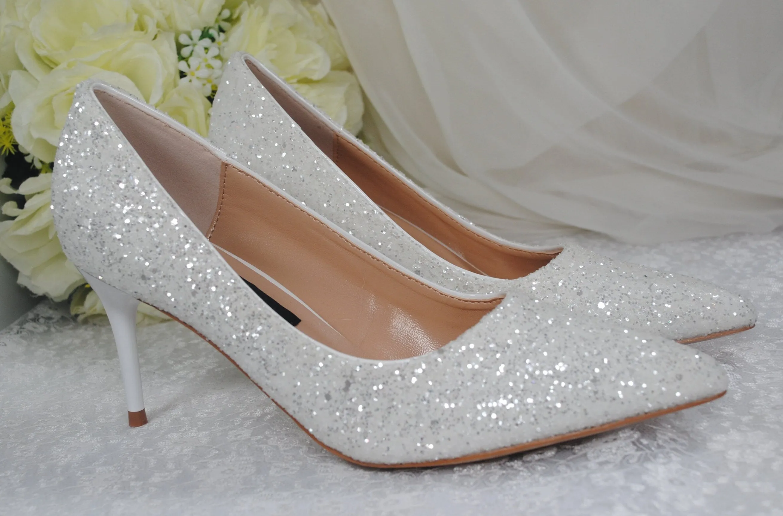 White Glitter Low Heel Bridal Shoes Size UK4/US6.5