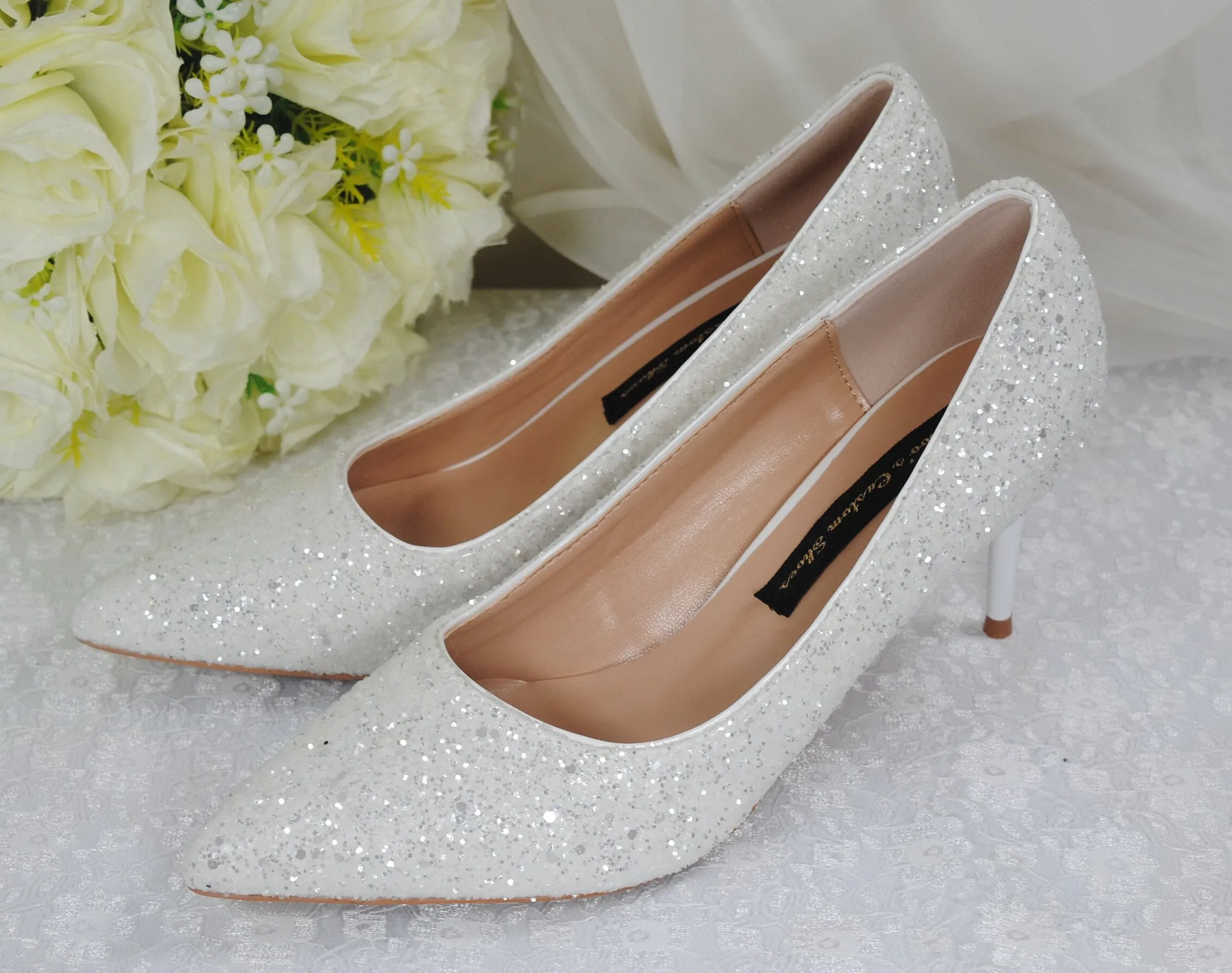 White Glitter Low Heel Bridal Shoes Size UK4/US6.5