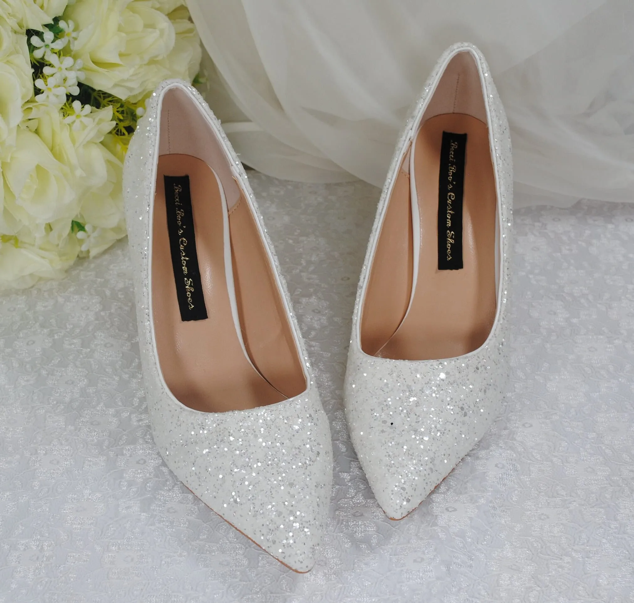 White Glitter Low Heel Bridal Shoes Size UK4/US6.5