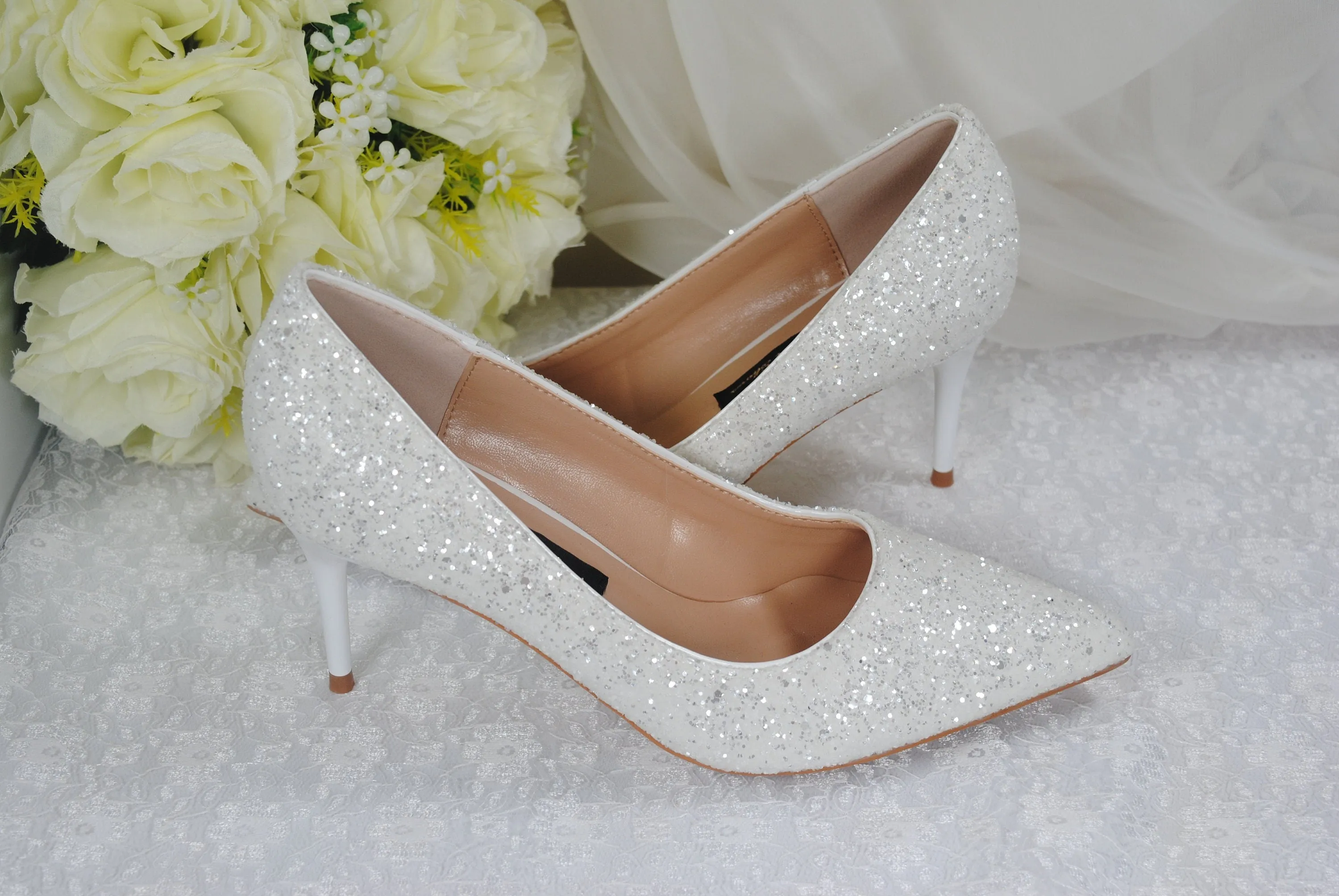 White Glitter Low Heel Bridal Shoes Size UK4/US6.5