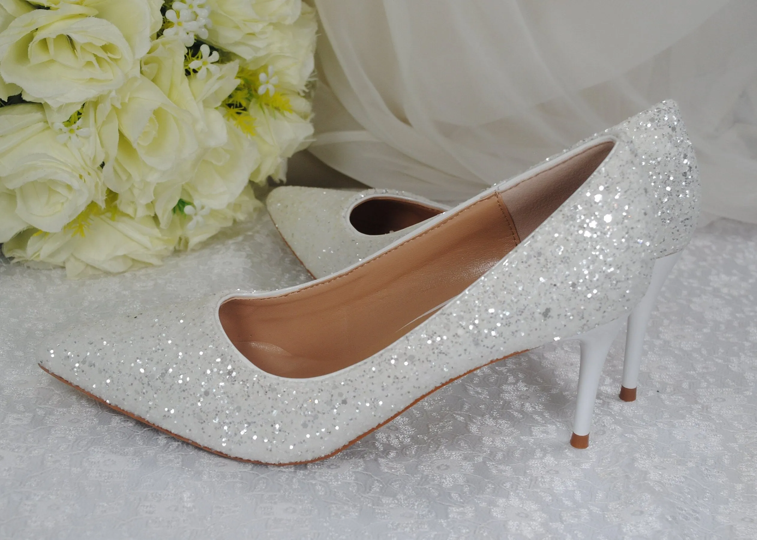 White Glitter Low Heel Bridal Shoes Size UK4/US6.5