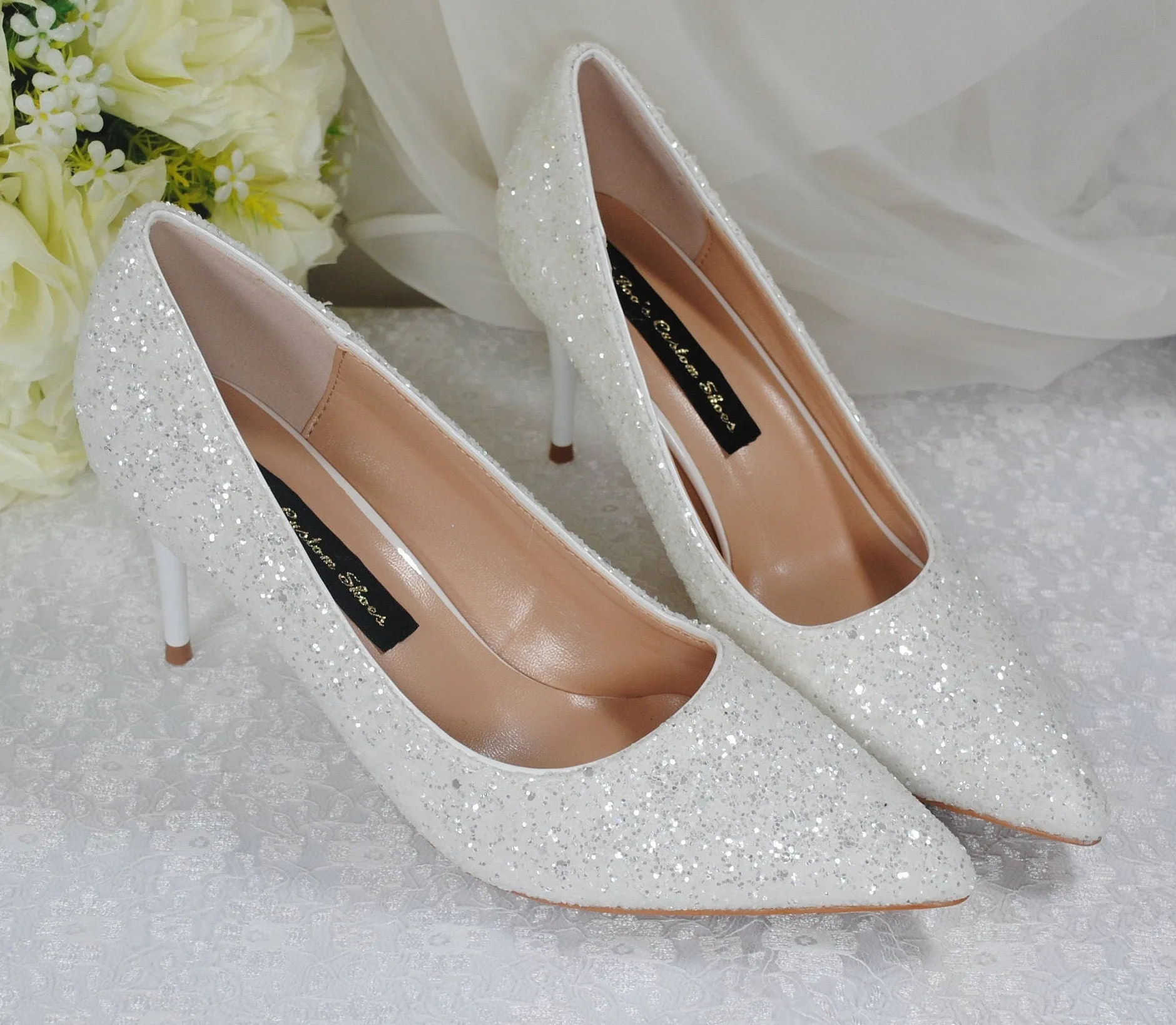 White Glitter Low Heel Bridal Shoes Size UK4/US6.5