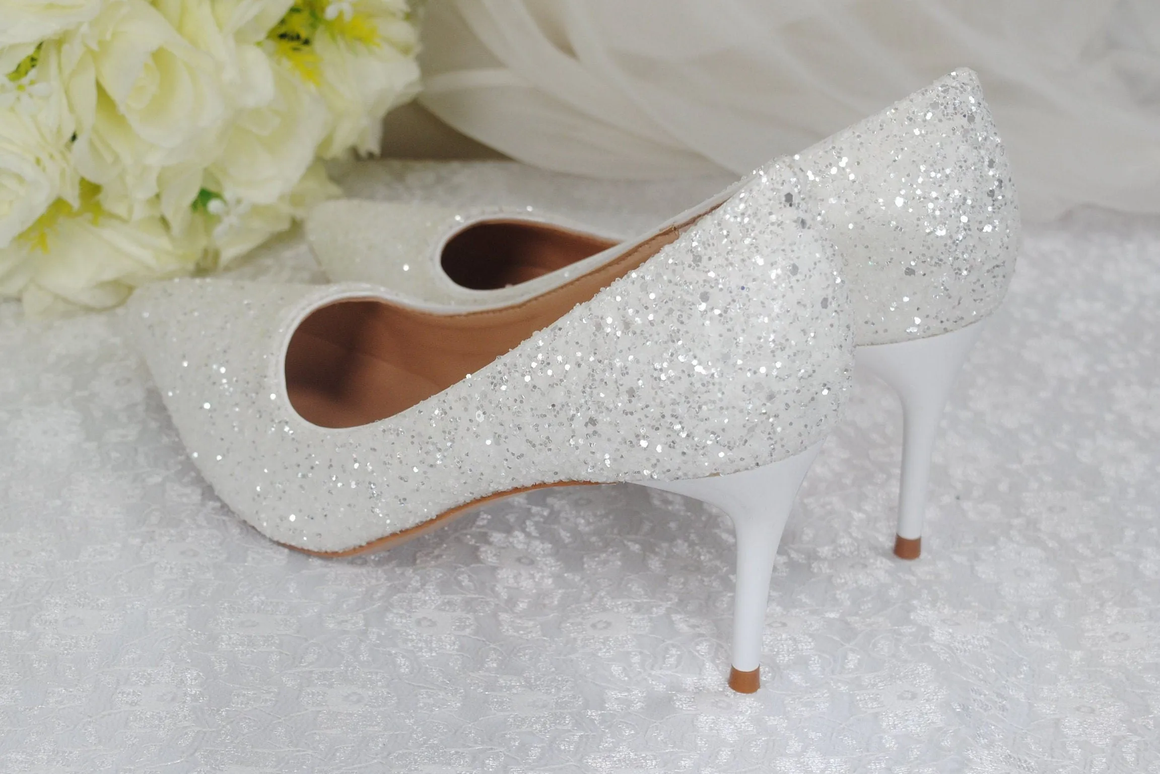 White Glitter Low Heel Bridal Shoes Size UK4/US6.5