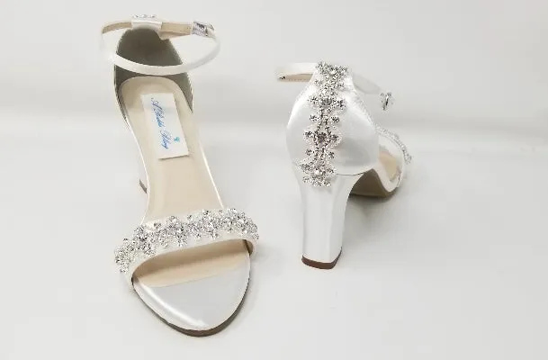 White Wedding Shoes with Block Heel and Crystal Design on Front and Back of Shoes