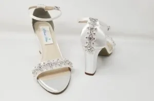 White Wedding Shoes with Block Heel and Crystal Design on Front and Back of Shoes