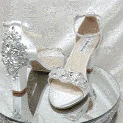 White Wedding Shoes with Block Heel and Sparkling Crystal Design