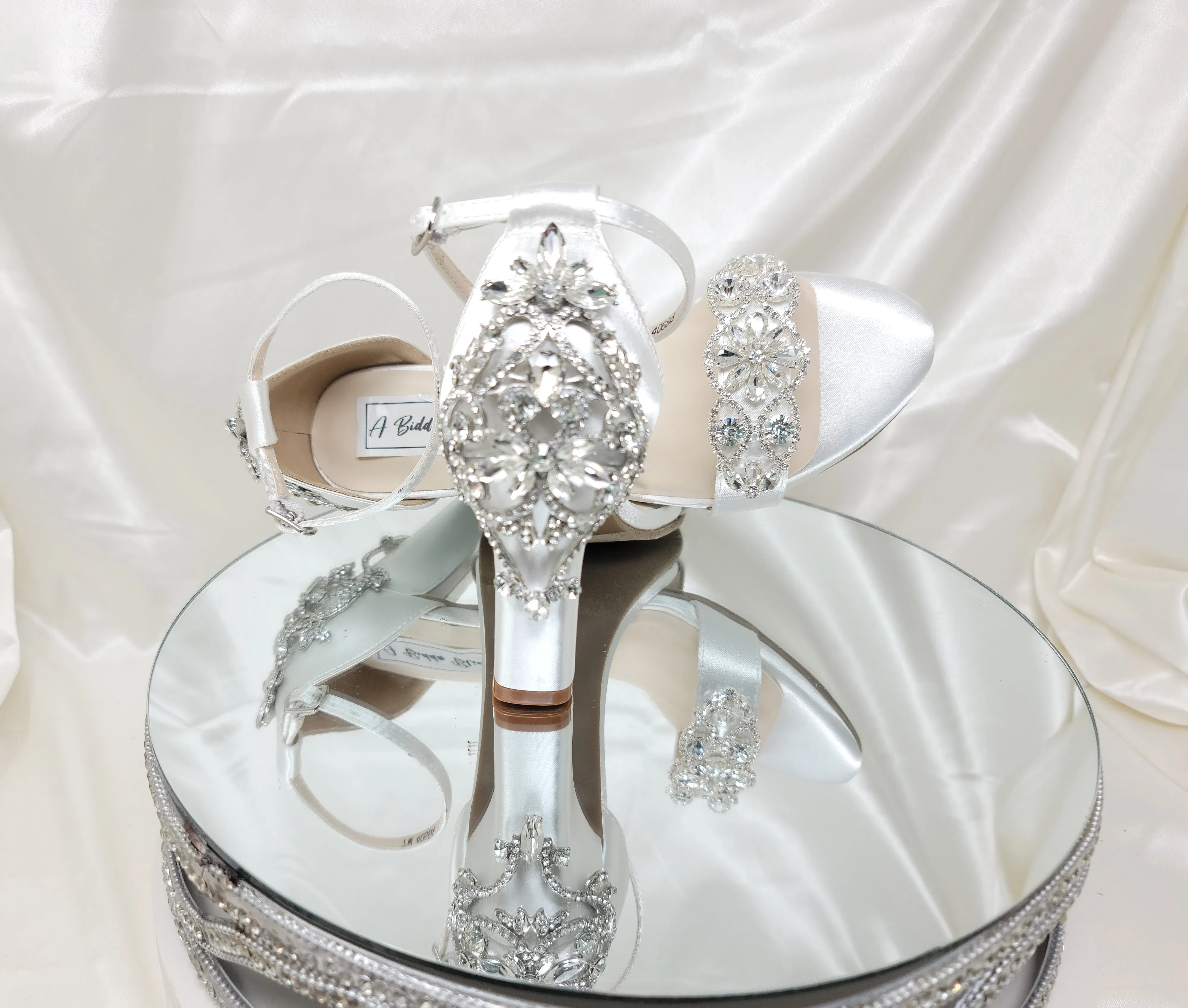 White Wedding Shoes with Block Heel and Sparkling Crystal Design