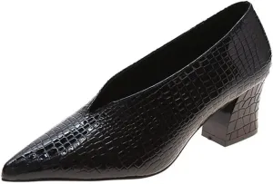 Women V Cut Out Pointed Toe High Heel Court Shoes Slip On Stacked Heel Ankle Boots Patent Leather Booties Wedding Dress Formal Shoes (Color : Black Chunky Heel, Size : 6 US)