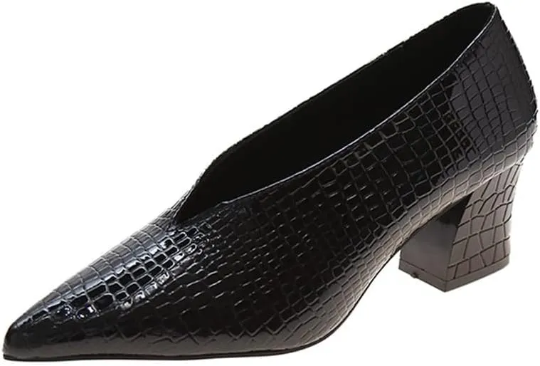 Women V Cut Out Pointed Toe High Heel Court Shoes Slip On Stacked Heel Ankle Boots Patent Leather Booties Wedding Dress Formal Shoes (Color : Black Chunky Heel, Size : 6 US)