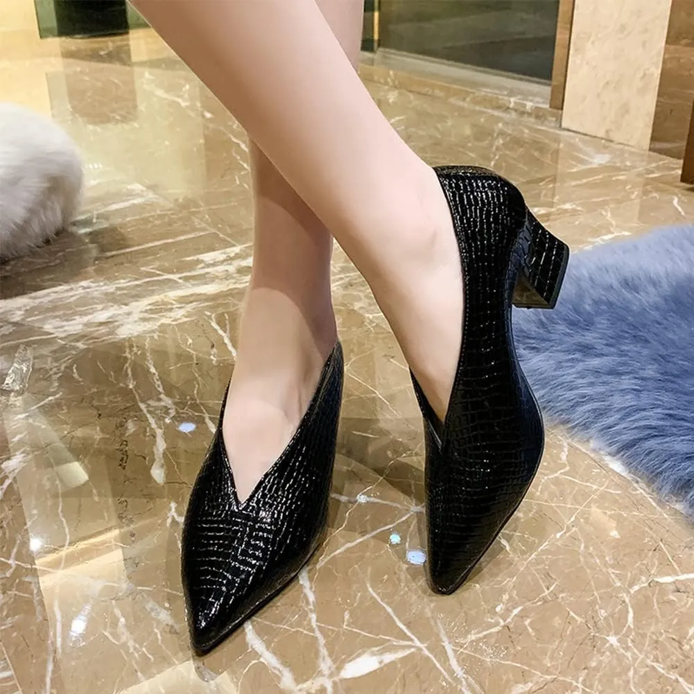 Women V Cut Out Pointed Toe High Heel Court Shoes Slip On Stacked Heel Ankle Boots Patent Leather Booties Wedding Dress Formal Shoes (Color : Black Chunky Heel, Size : 6 US)