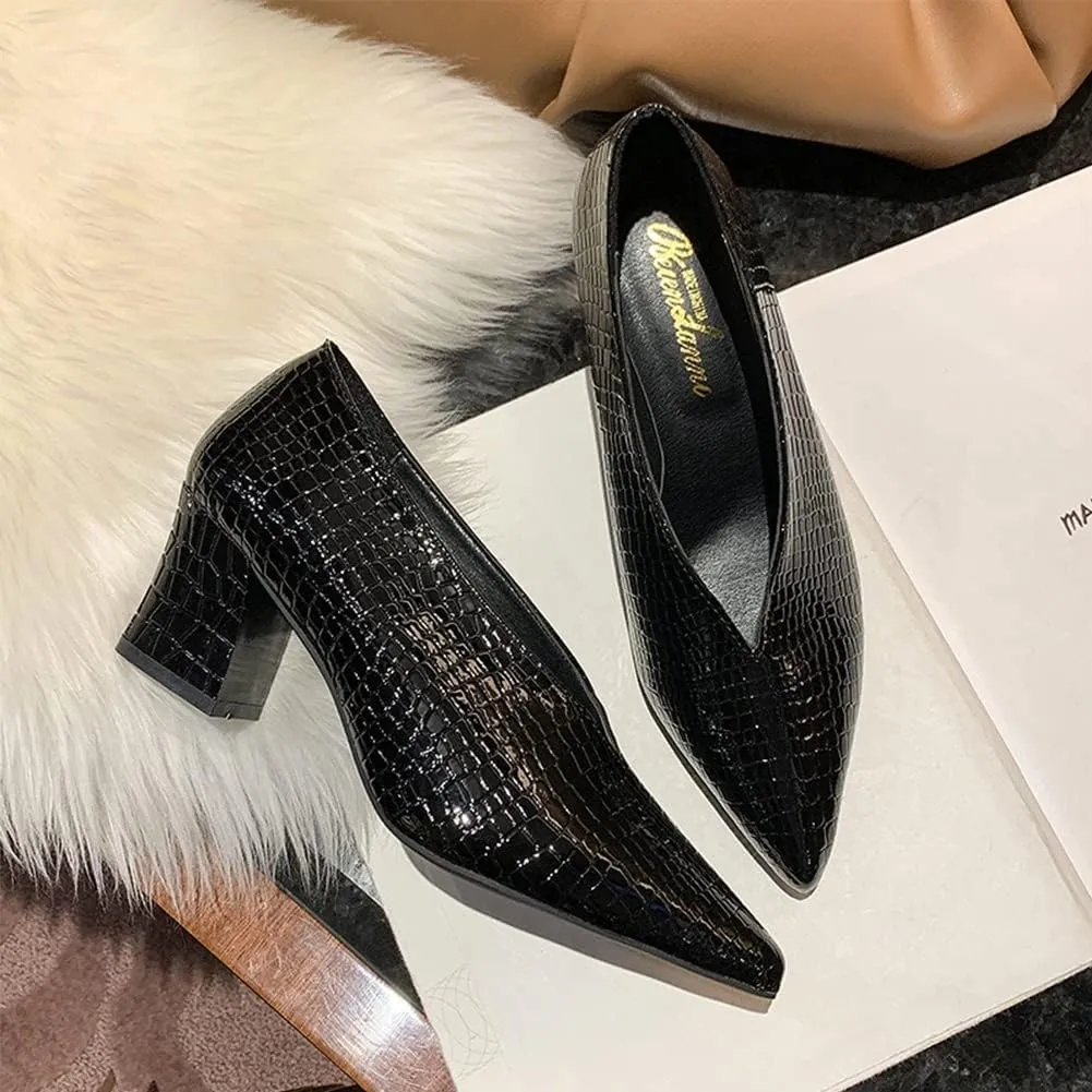 Women V Cut Out Pointed Toe High Heel Court Shoes Slip On Stacked Heel Ankle Boots Patent Leather Booties Wedding Dress Formal Shoes (Color : Black Chunky Heel, Size : 6 US)