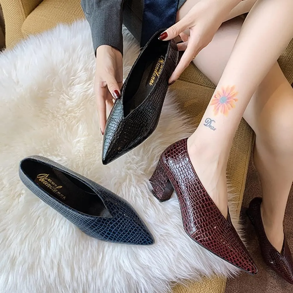 Women V Cut Out Pointed Toe High Heel Court Shoes Slip On Stacked Heel Ankle Boots Patent Leather Booties Wedding Dress Formal Shoes (Color : Black Chunky Heel, Size : 6 US)
