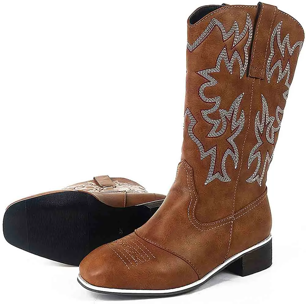 Women Western Boots Chunky Heel Cowgirl Cowboy Retro Short Ankle Boots