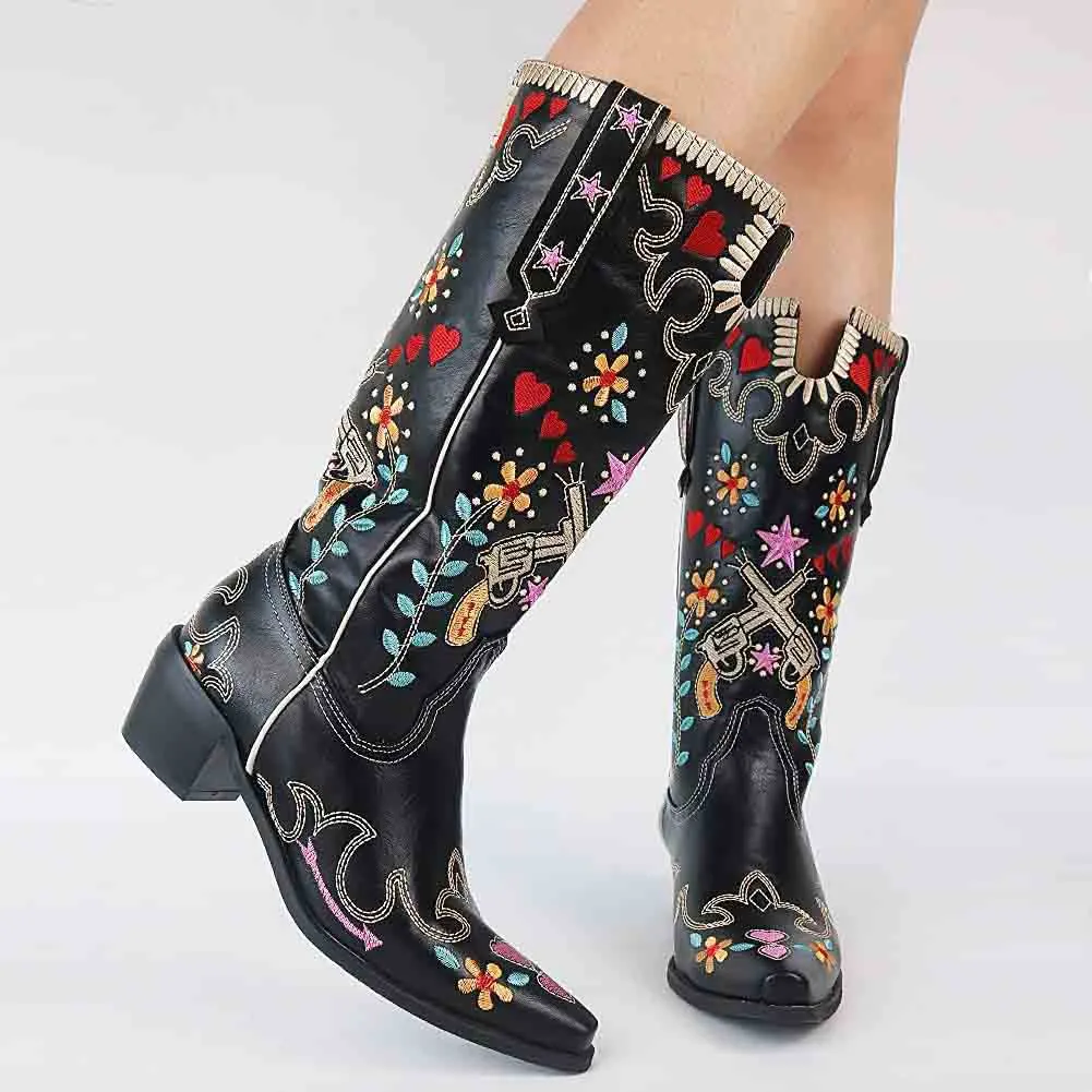 Women Western Boots Chunky Heel Cowgirl Cowboy Retro Short Ankle Boots