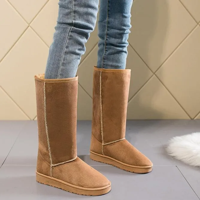 Women Winter Warm Stitching Lining Faux Fur Pure Color Flat Heel Snow Boots