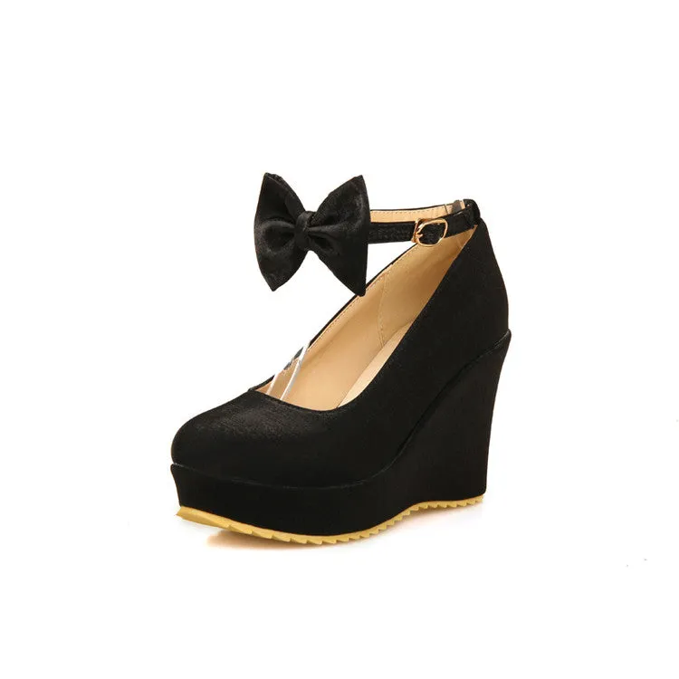 Women's Ankle Strap Bowtie Platform Wedges High Heel Pumps