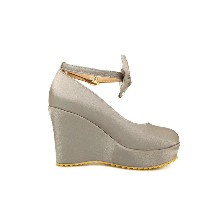 Women's Ankle Strap Bowtie Platform Wedges High Heel Pumps