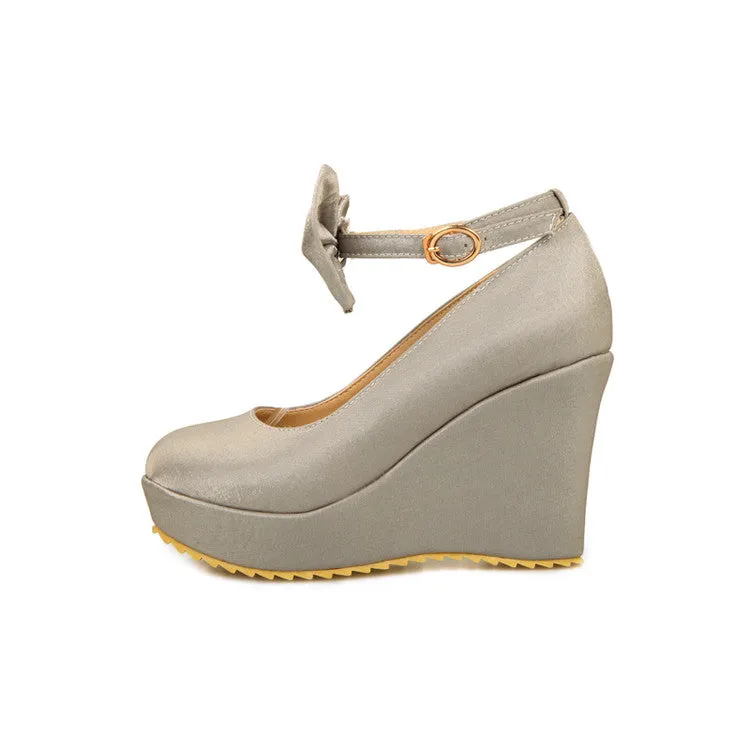 Women's Ankle Strap Bowtie Platform Wedges High Heel Pumps