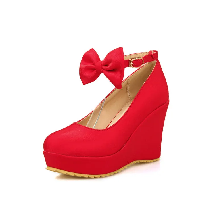 Women's Ankle Strap Bowtie Platform Wedges High Heel Pumps