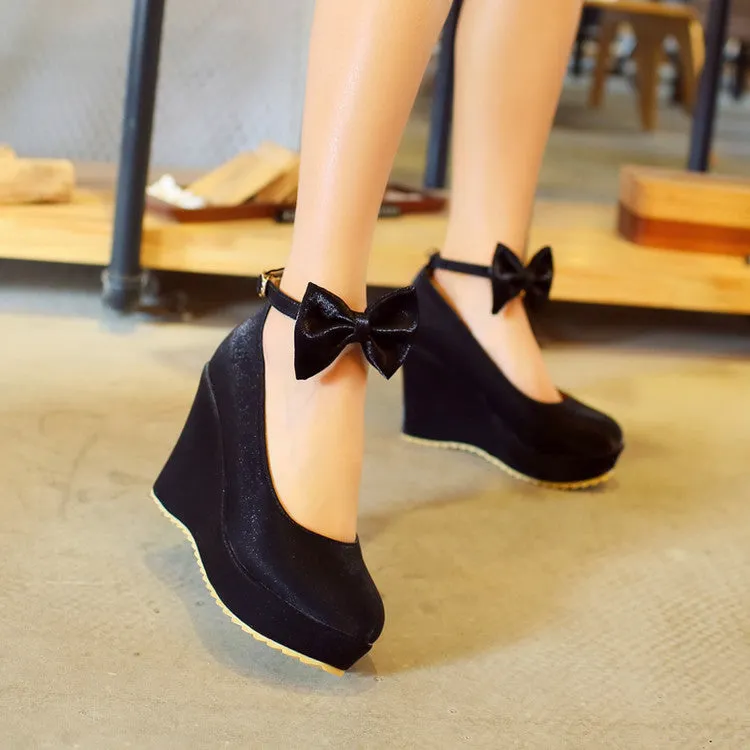 Women's Ankle Strap Bowtie Platform Wedges High Heel Pumps