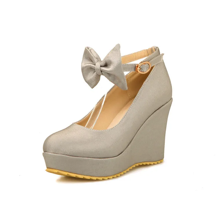 Women's Ankle Strap Bowtie Platform Wedges High Heel Pumps