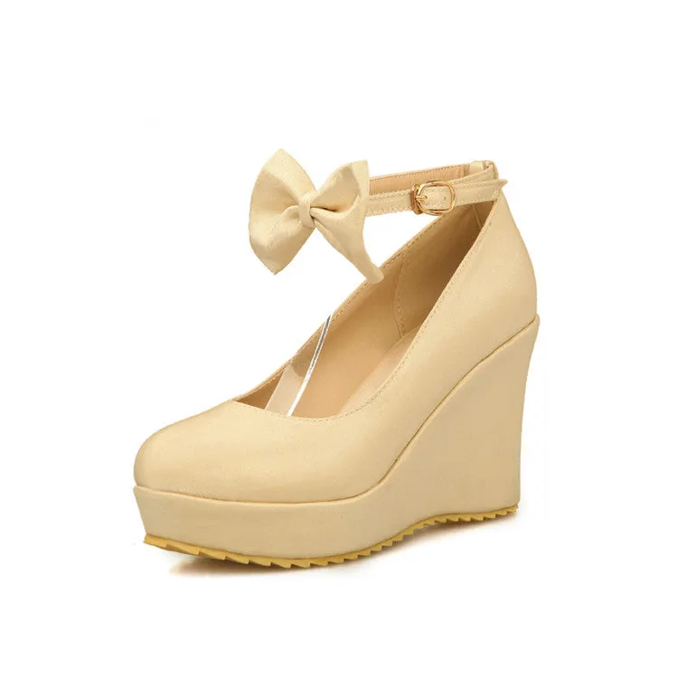 Women's Ankle Strap Bowtie Platform Wedges High Heel Pumps