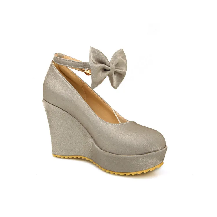 Women's Ankle Strap Bowtie Platform Wedges High Heel Pumps