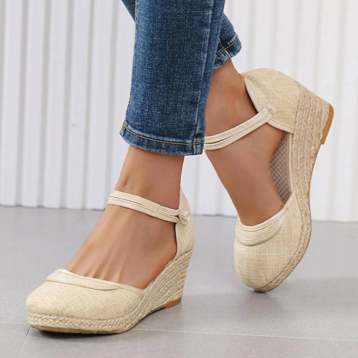 Women's Closed Toe Canvas Ankle Strap Espadrilles Wedge Sandals Summer Slip On Slingback Sandals Women Dressy Casual Wedding Espadrilles Wedge Sandal Lightweight Breathable Comfortable Sandal