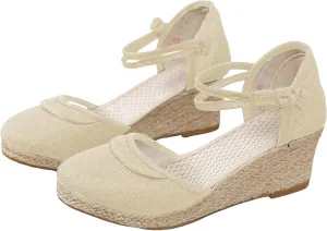 Women's Closed Toe Canvas Ankle Strap Espadrilles Wedge Sandals Summer Slip On Slingback Sandals Women Dressy Casual Wedding Espadrilles Wedge Sandal Lightweight Breathable Comfortable Sandal