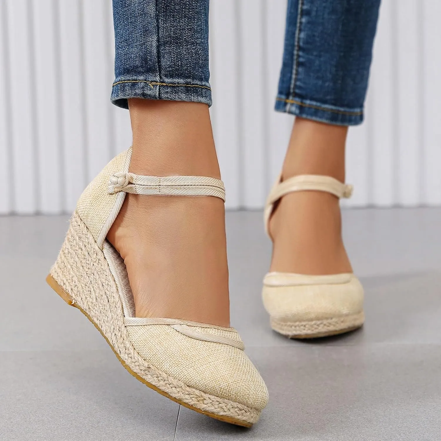Women's Closed Toe Canvas Ankle Strap Espadrilles Wedge Sandals Summer Slip On Slingback Sandals Women Dressy Casual Wedding Espadrilles Wedge Sandal Lightweight Breathable Comfortable Sandal