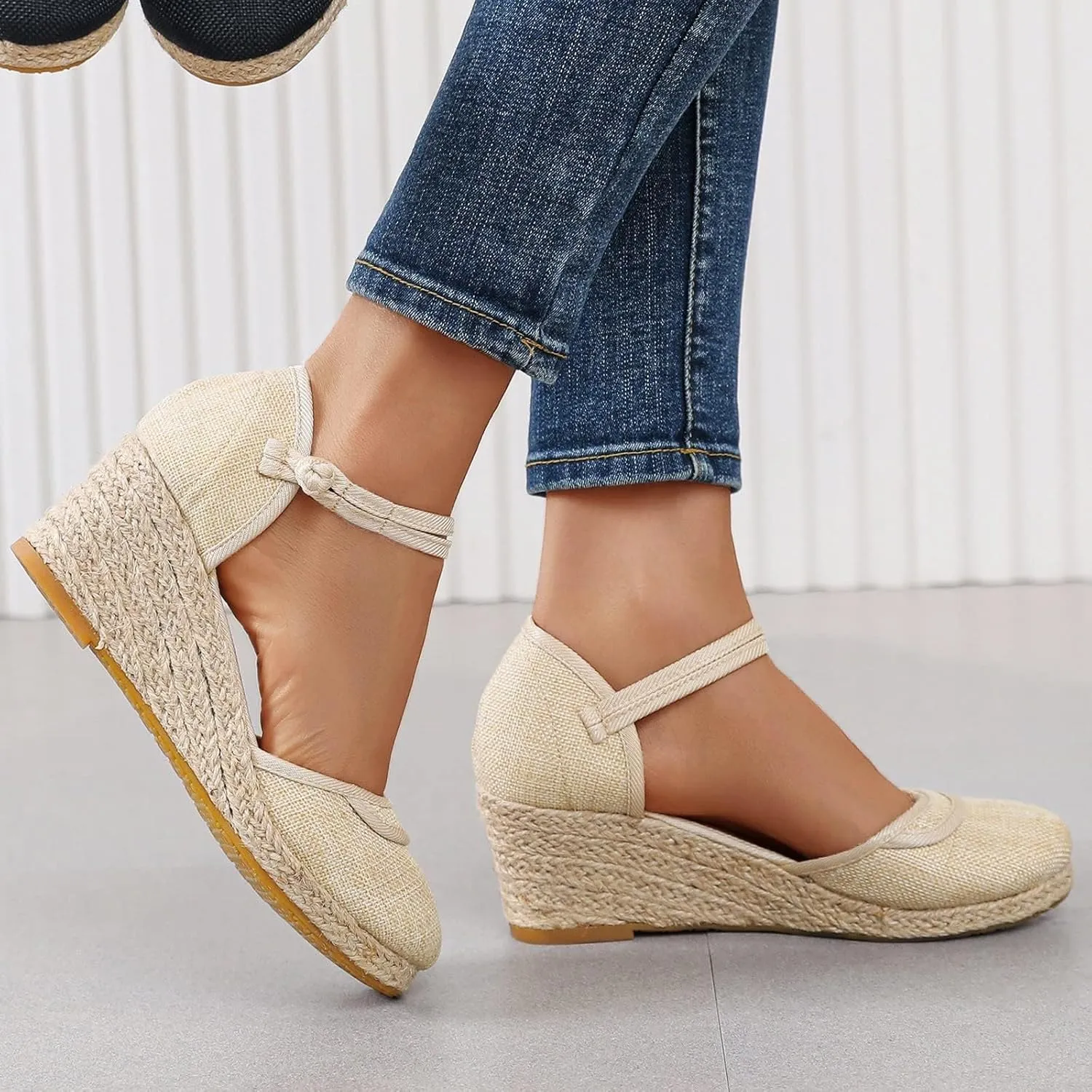 Women's Closed Toe Canvas Ankle Strap Espadrilles Wedge Sandals Summer Slip On Slingback Sandals Women Dressy Casual Wedding Espadrilles Wedge Sandal Lightweight Breathable Comfortable Sandal