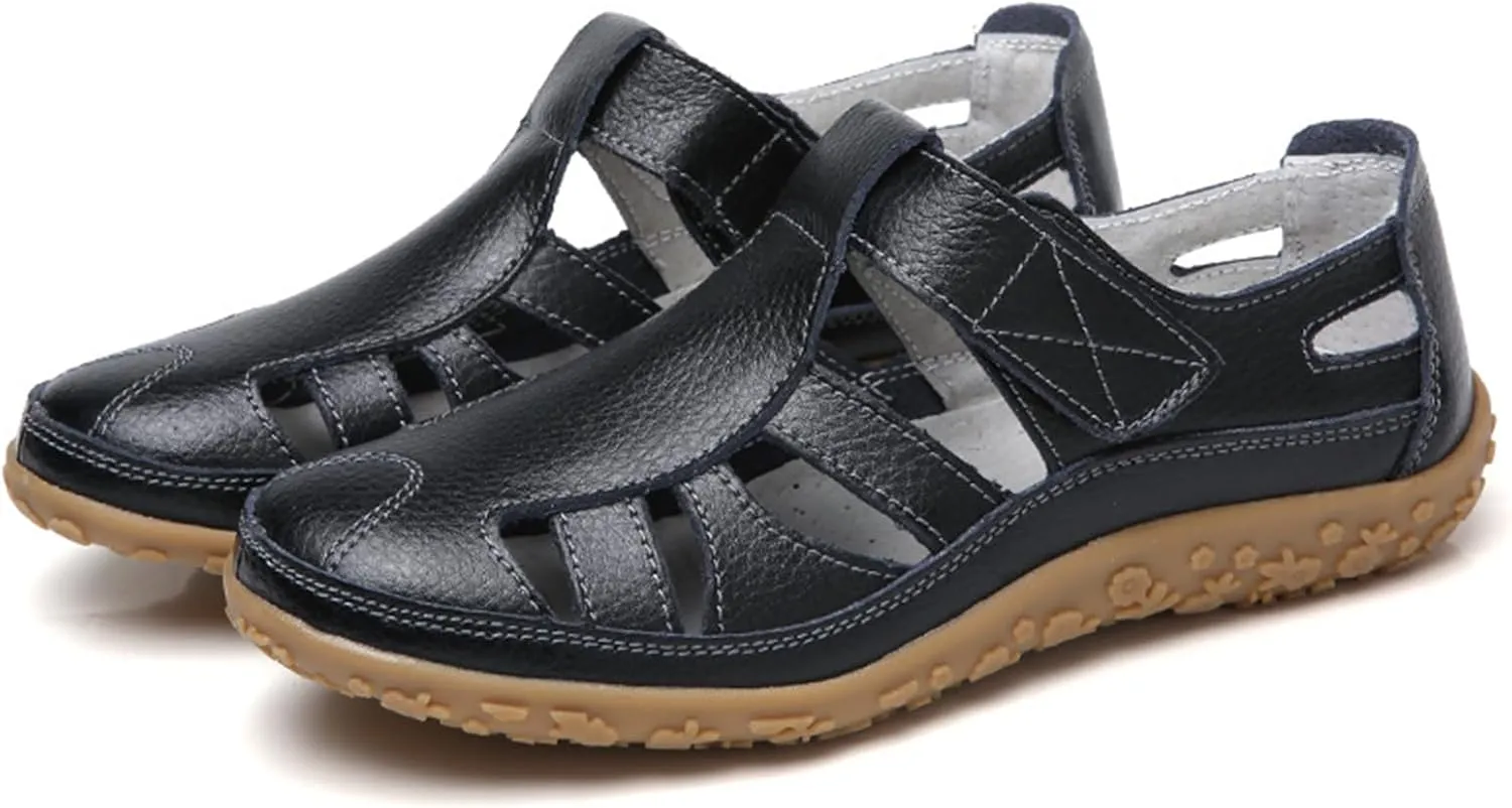 Womens Comfortable Flat Sandals Casual Ankle Strap Closed Toe Leather Sandals Summer Orthopedic Softsole Shoes