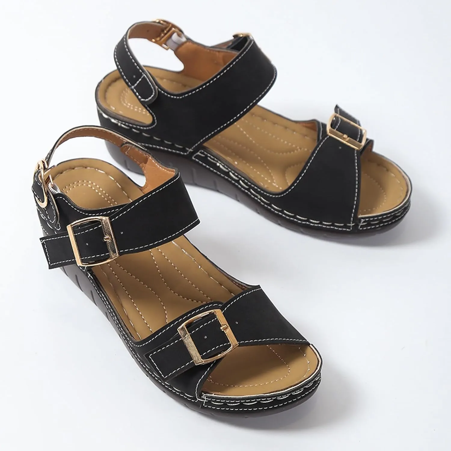 Women's Comfortable Wedge Sandals Summer Casual Slip On Open Toe Beach Shoes with Adjustable Ankle Strap for Walking and Travel