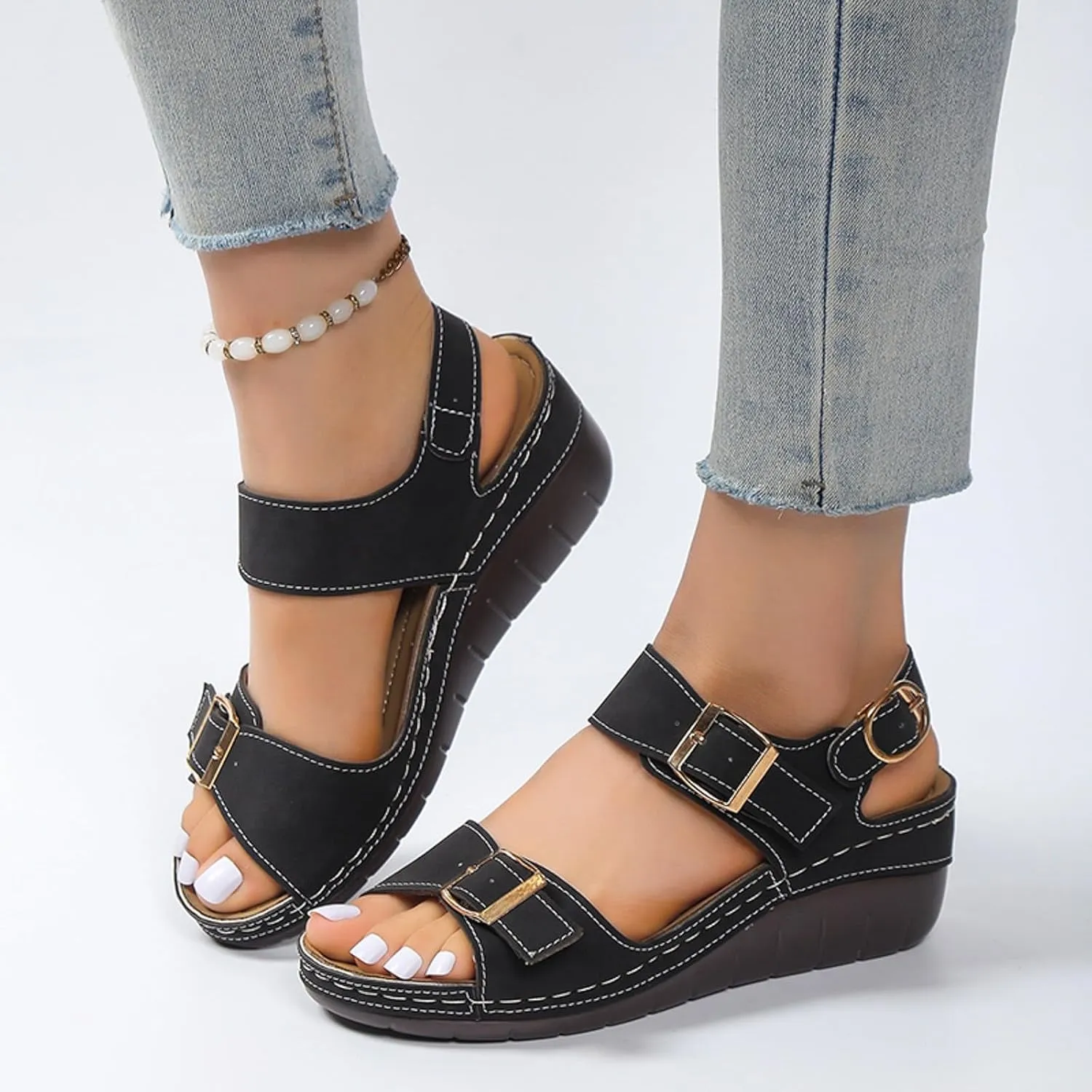 Women's Comfortable Wedge Sandals Summer Casual Slip On Open Toe Beach Shoes with Adjustable Ankle Strap for Walking and Travel