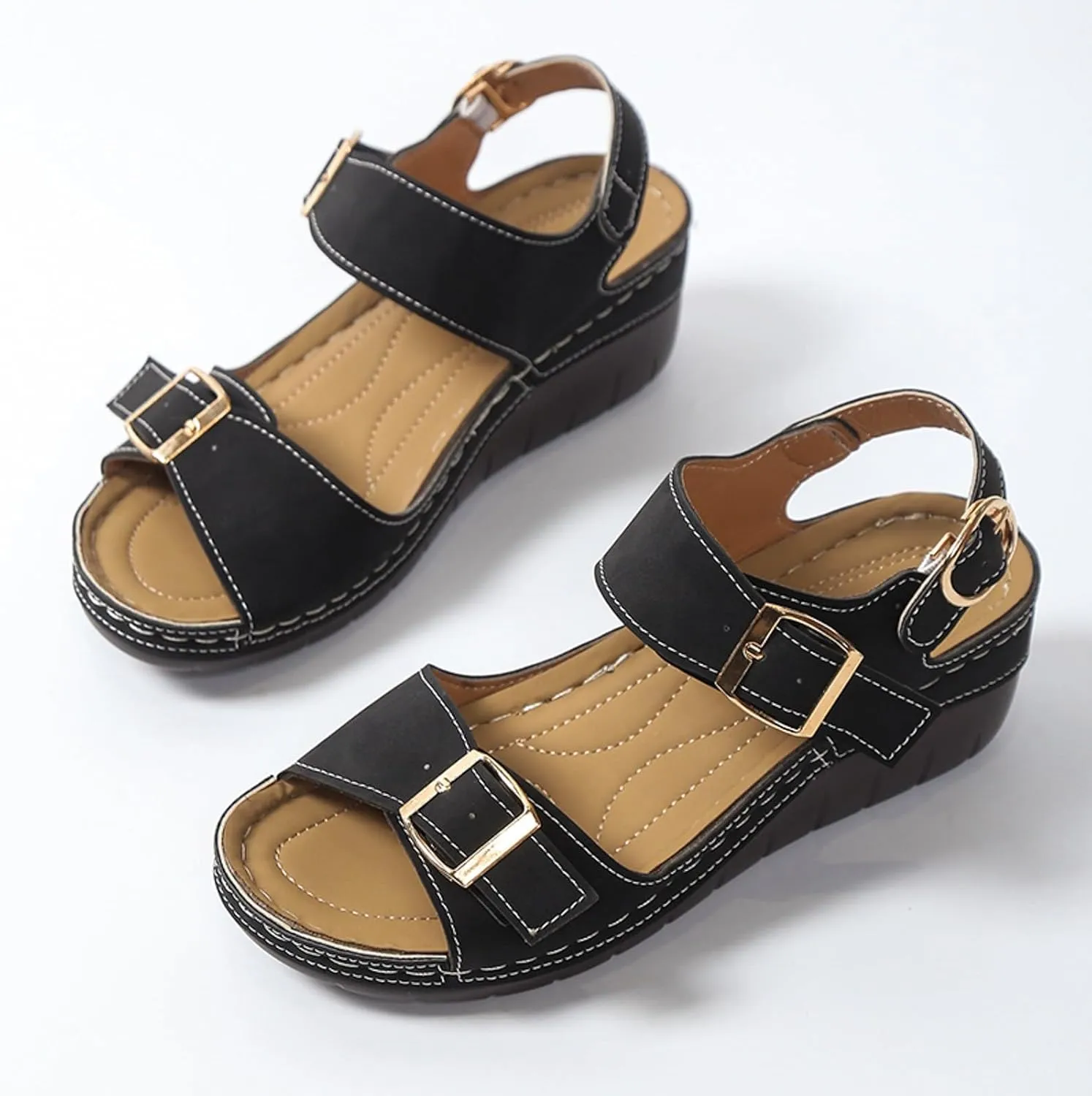 Women's Comfortable Wedge Sandals Summer Casual Slip On Open Toe Beach Shoes with Adjustable Ankle Strap for Walking and Travel