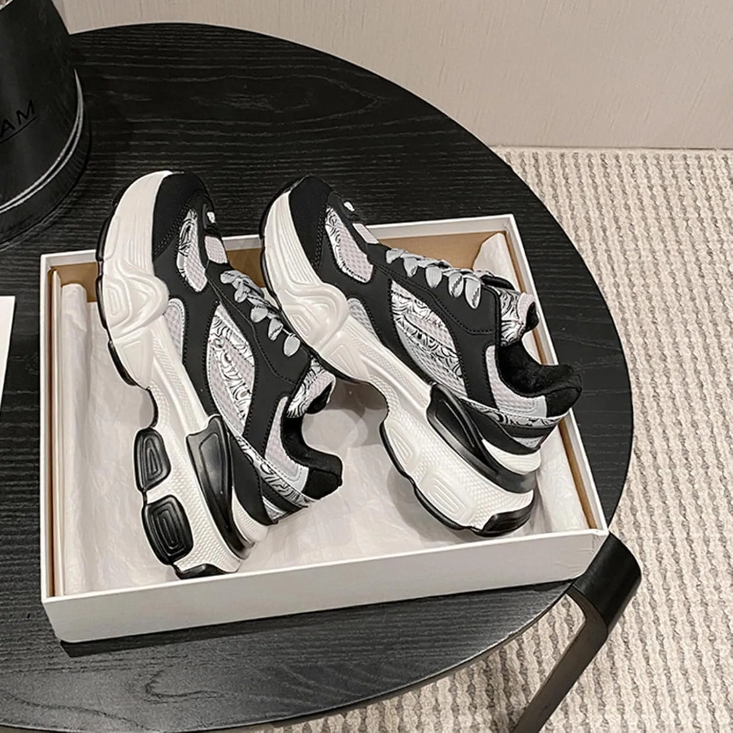 Women's Fashion Platform Sneakers - Lace-up Mesh Trainers with Design, Chunky Sole/Breathable Material for Casual Style in Autumn - Black - Perfect for Women/Couple,Black-39