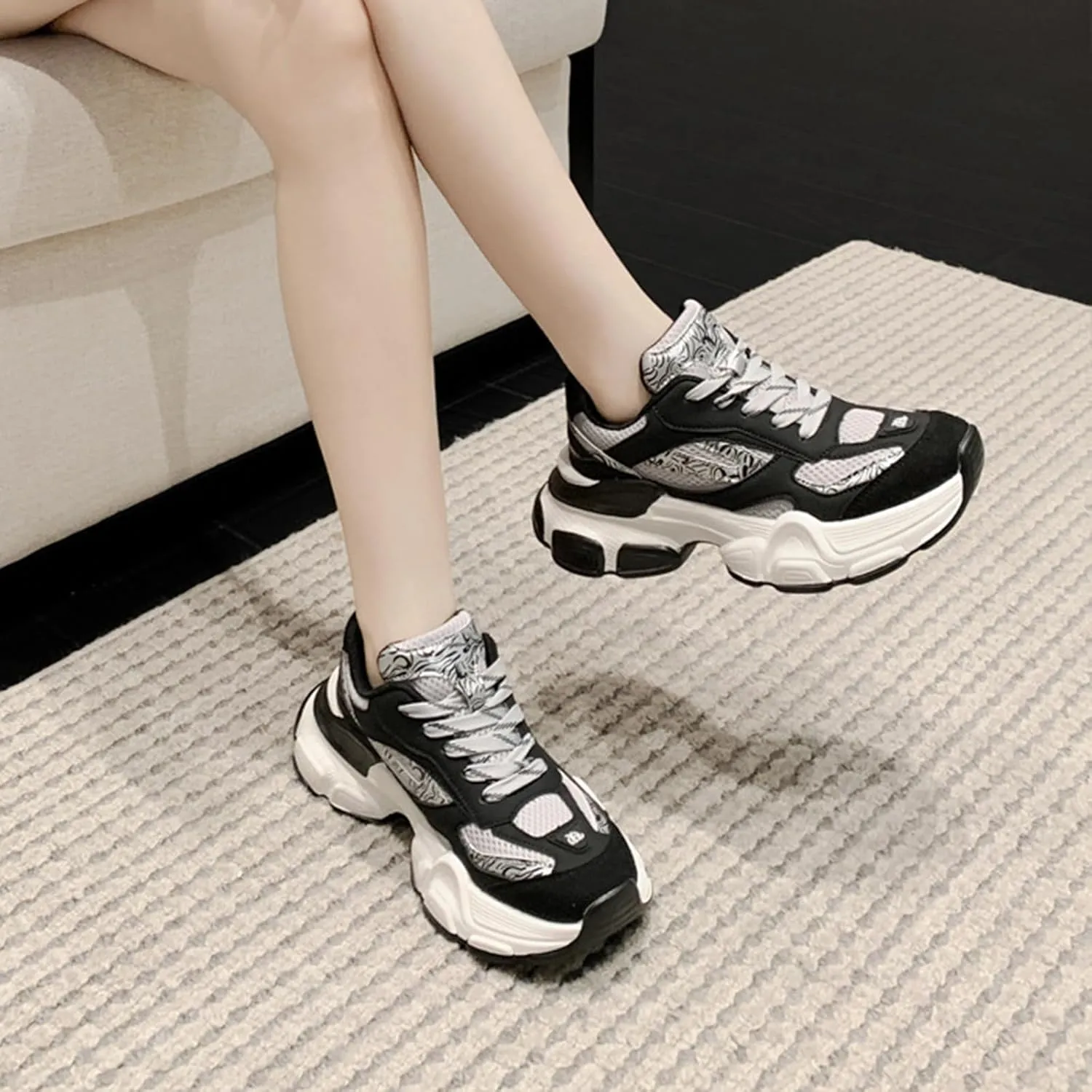 Women's Fashion Platform Sneakers - Lace-up Mesh Trainers with Design, Chunky Sole/Breathable Material for Casual Style in Autumn - Black - Perfect for Women/Couple,Black-39
